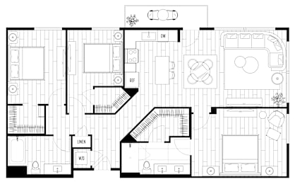 A black and white floor plan of an apartment with a living room, kitchen, and two bedrooms.